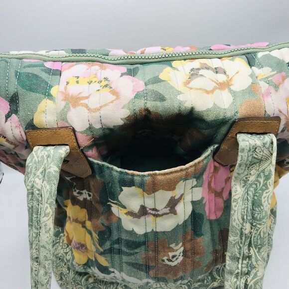 Pioneer Woman Aubrey Quilted Print Tote Floral Green Faded Denim w Zipper Large - Picture 8 of 15